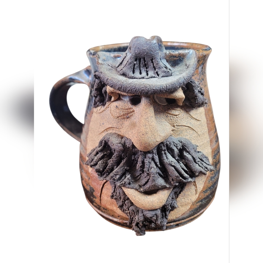 Vintage Stoneware Ugly Face Mug Hand Crafted Earthy Brown Character  Studio Art